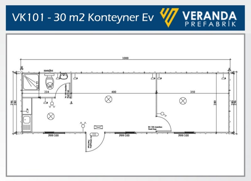 VK102 30 m2 Konteyner Ev Veranda Prefabrik